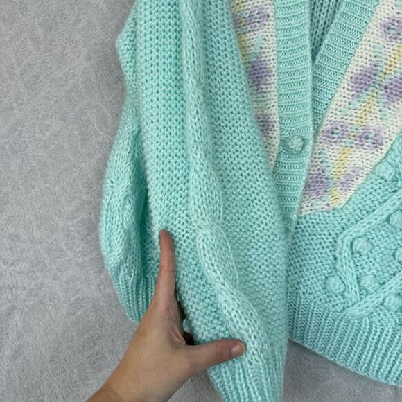 Vtg Hand Knit Cardigan Sweater Womens Medium Pastel Aqua Chunky Grandma 90s 80s - Picture 4 of 11